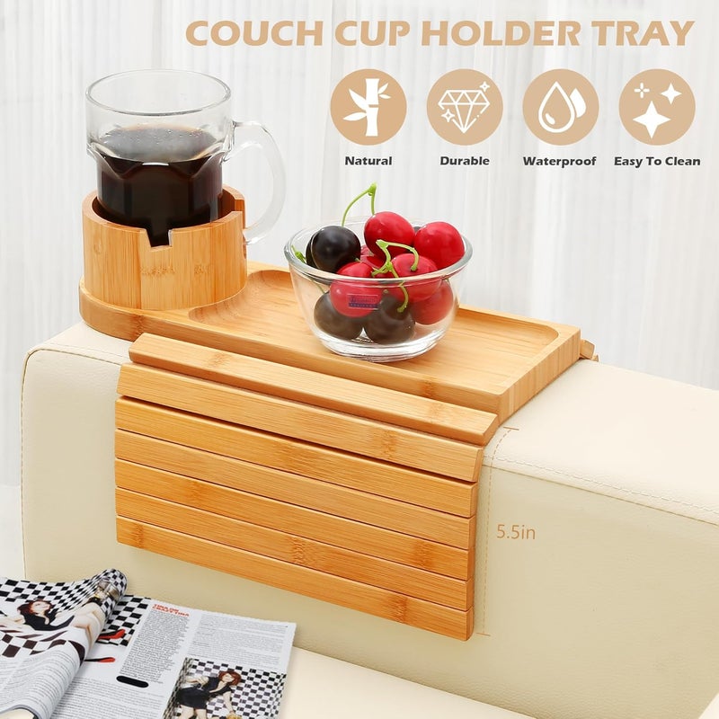 BAMTRAY Couch Cup Holder Tray, 15.75" Bamboo Cup Holder for Couch, 3 in 1 Foldable Arm Chair Clip on Side Tray Table for Remote Snack Table on Armrest - Image 2